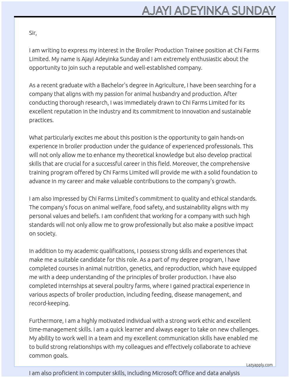 Cover letter for broiler production trainee - LazyApply