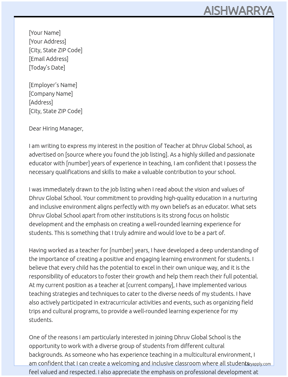 Teacher At Dhruv Global School Cover Letter