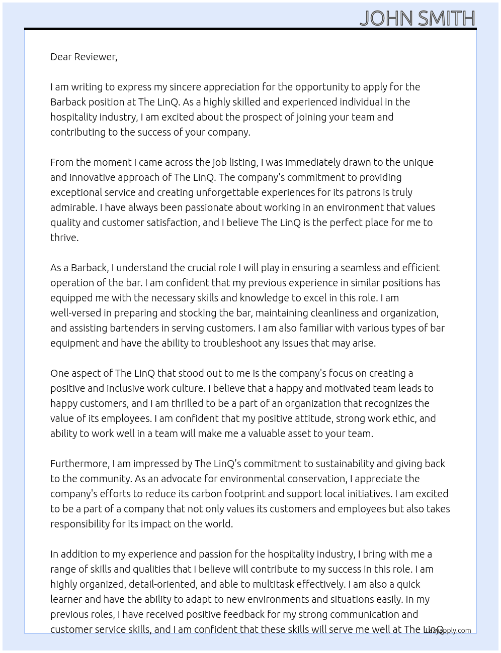 Barback At The LinQ Cover Letter