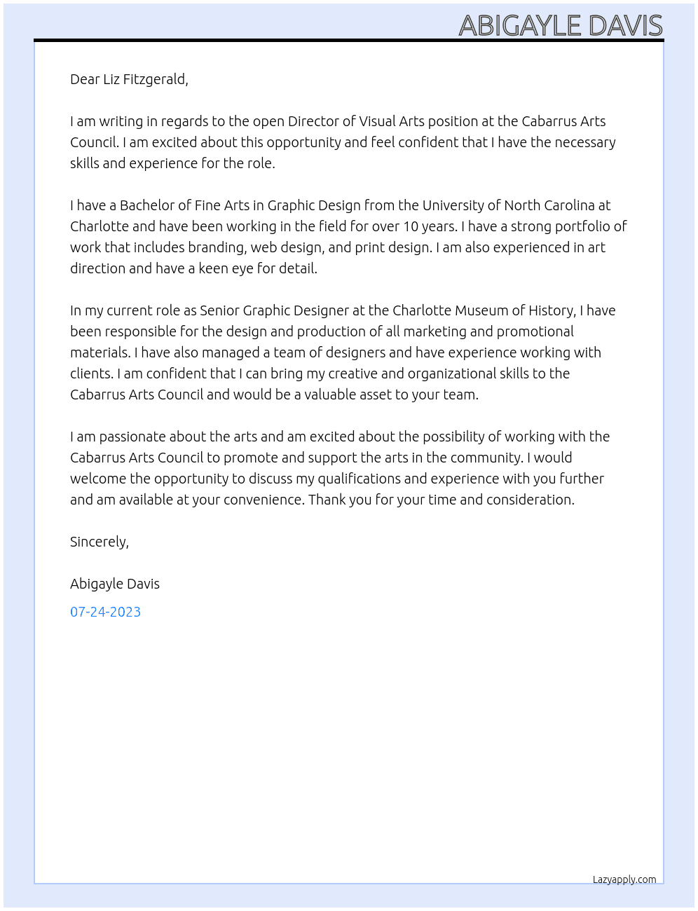 director of visual arts At Cabarrus Arts Council Cover Letter