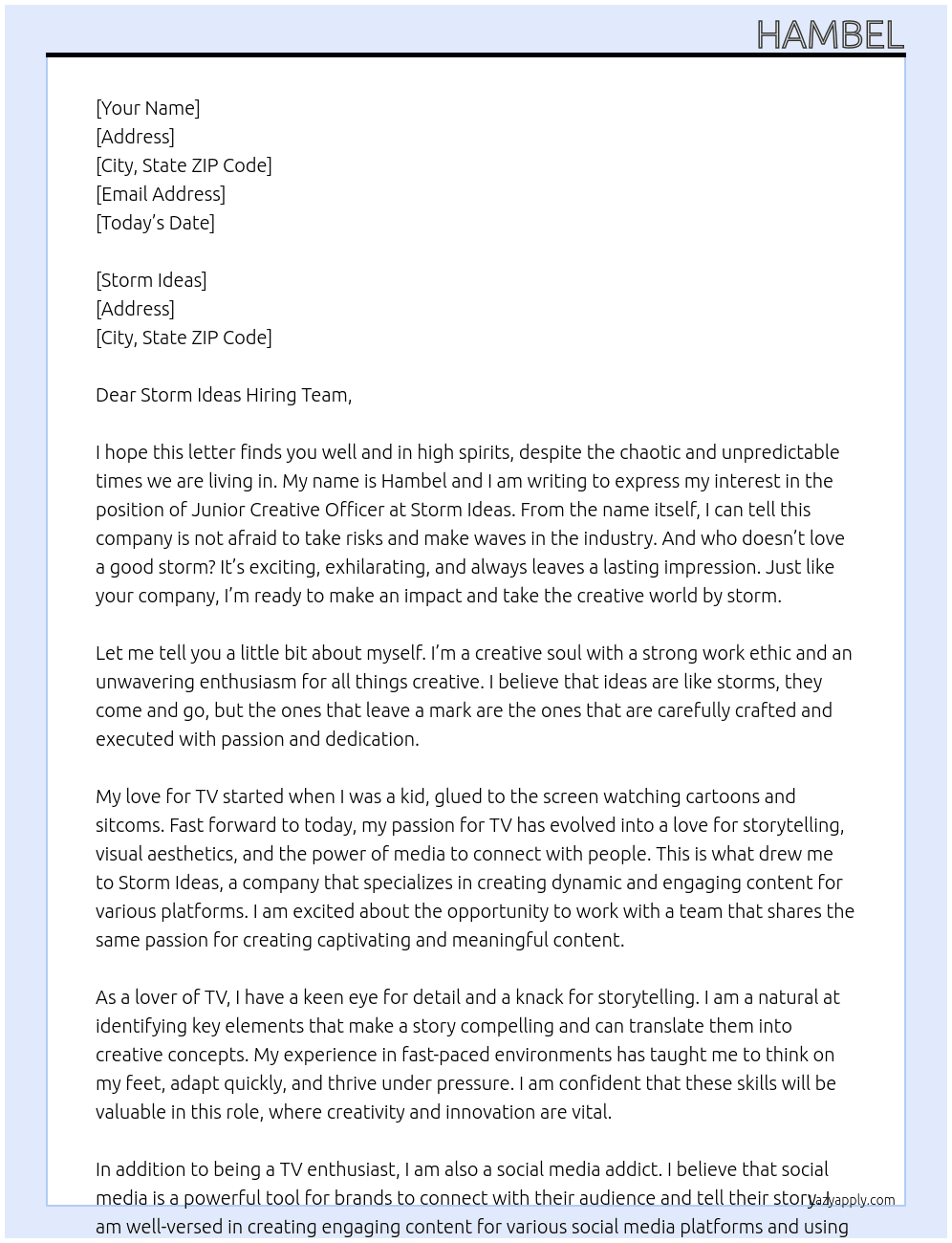 Junior creative officer  At Storm ideas Cover Letter