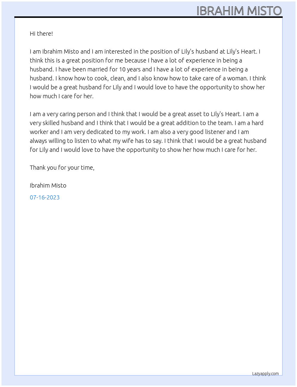 Lily's Husband At Lily's Heart Cover Letter