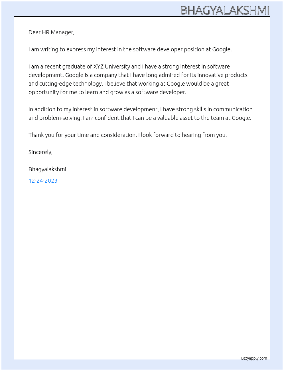 software developer fresher At google Cover Letter