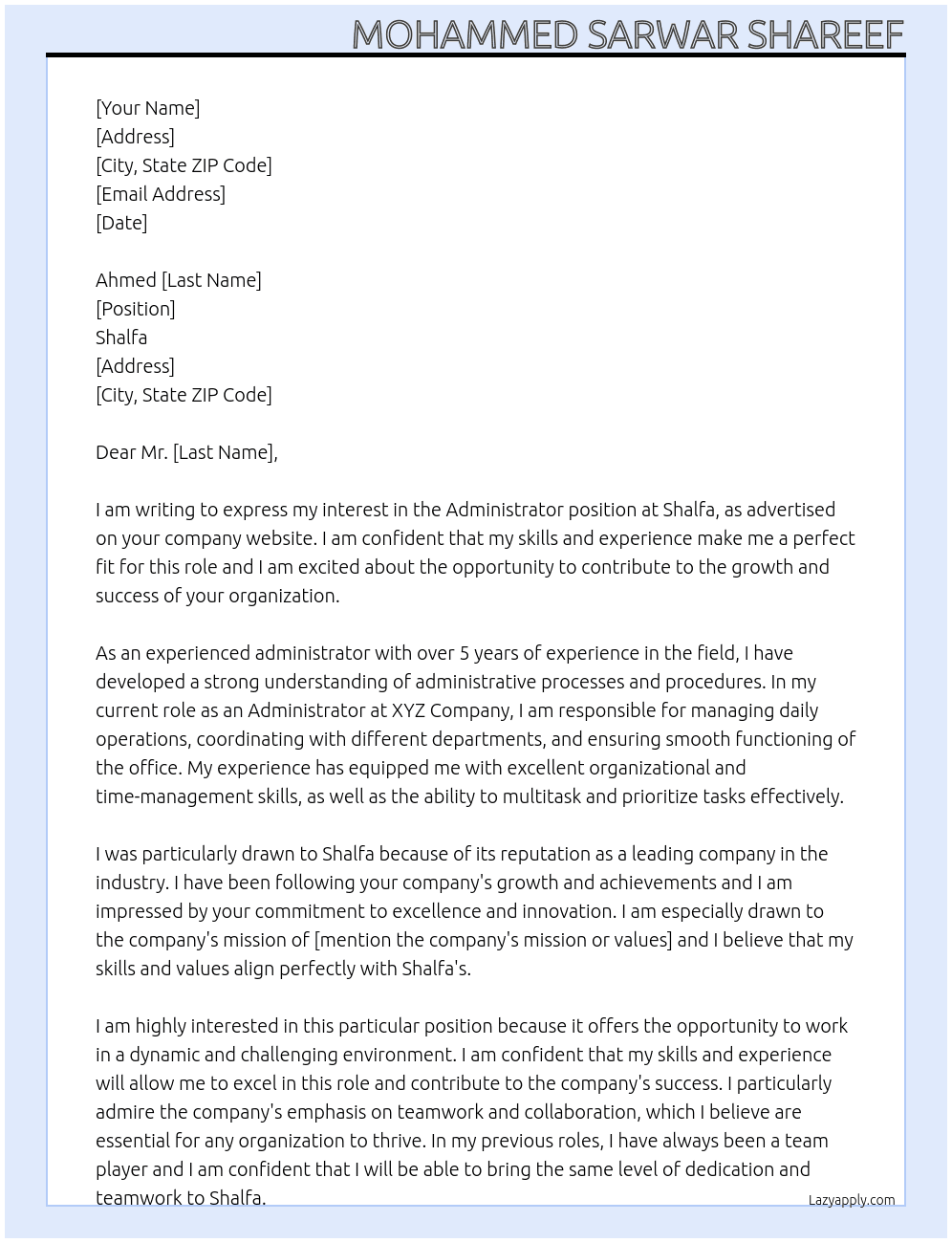 Administrator At Shalfa Cover Letter