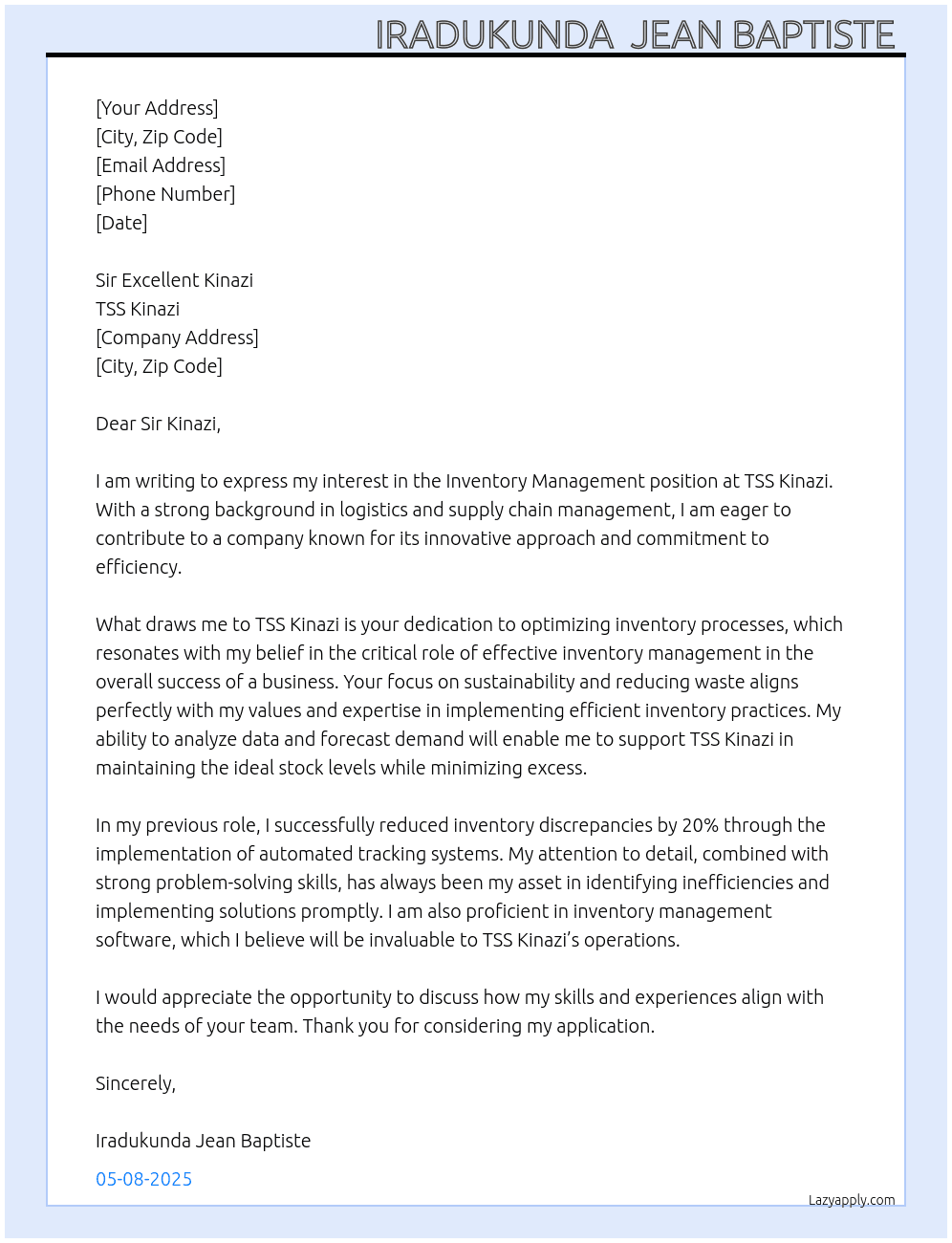 Inventory management  At TSS kinazi  Cover Letter