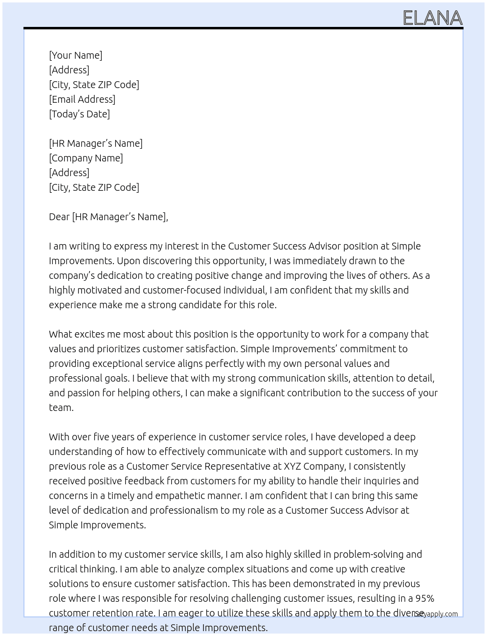 Customer success advisor  At Simple Improvements  Cover Letter
