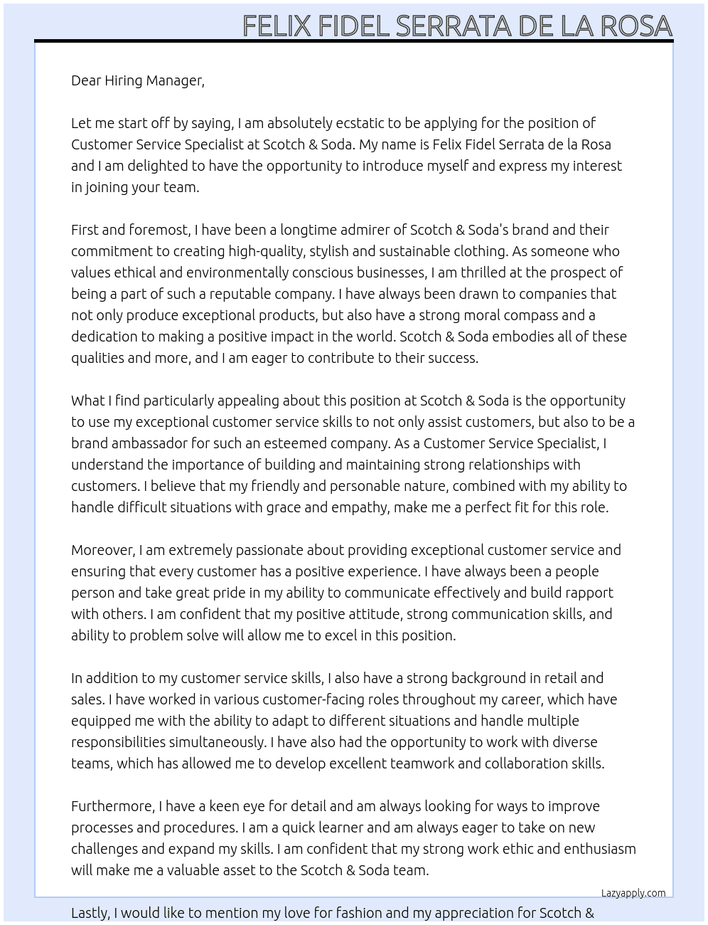 Customer Service Specialist At Scotch & Soda Cover Letter