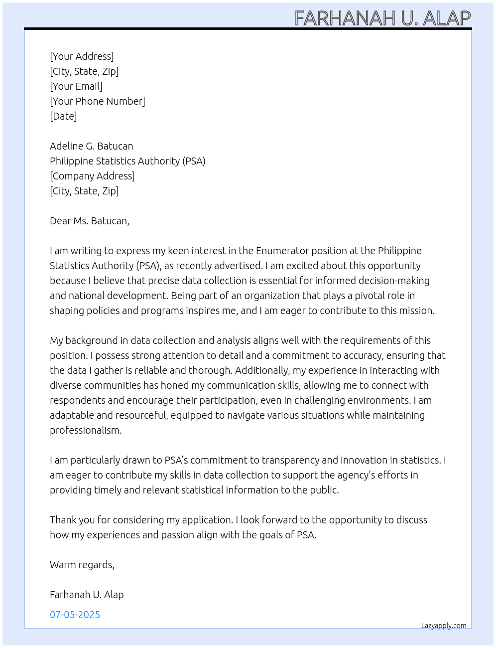 enumerator At PSA Cover Letter