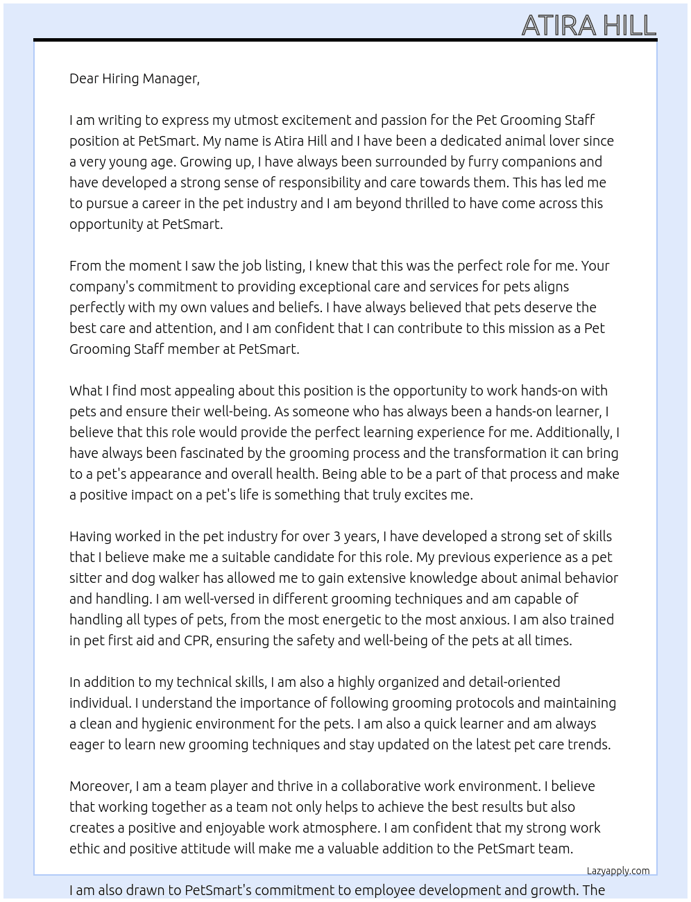 Pet Grooming Staff At PetSmart Cover Letter