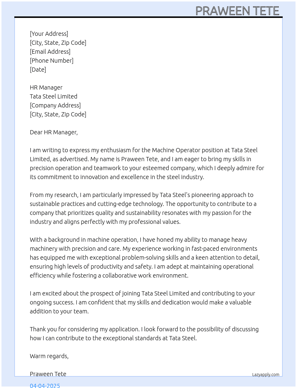Machine operator  At Tata Steel limited  Cover Letter