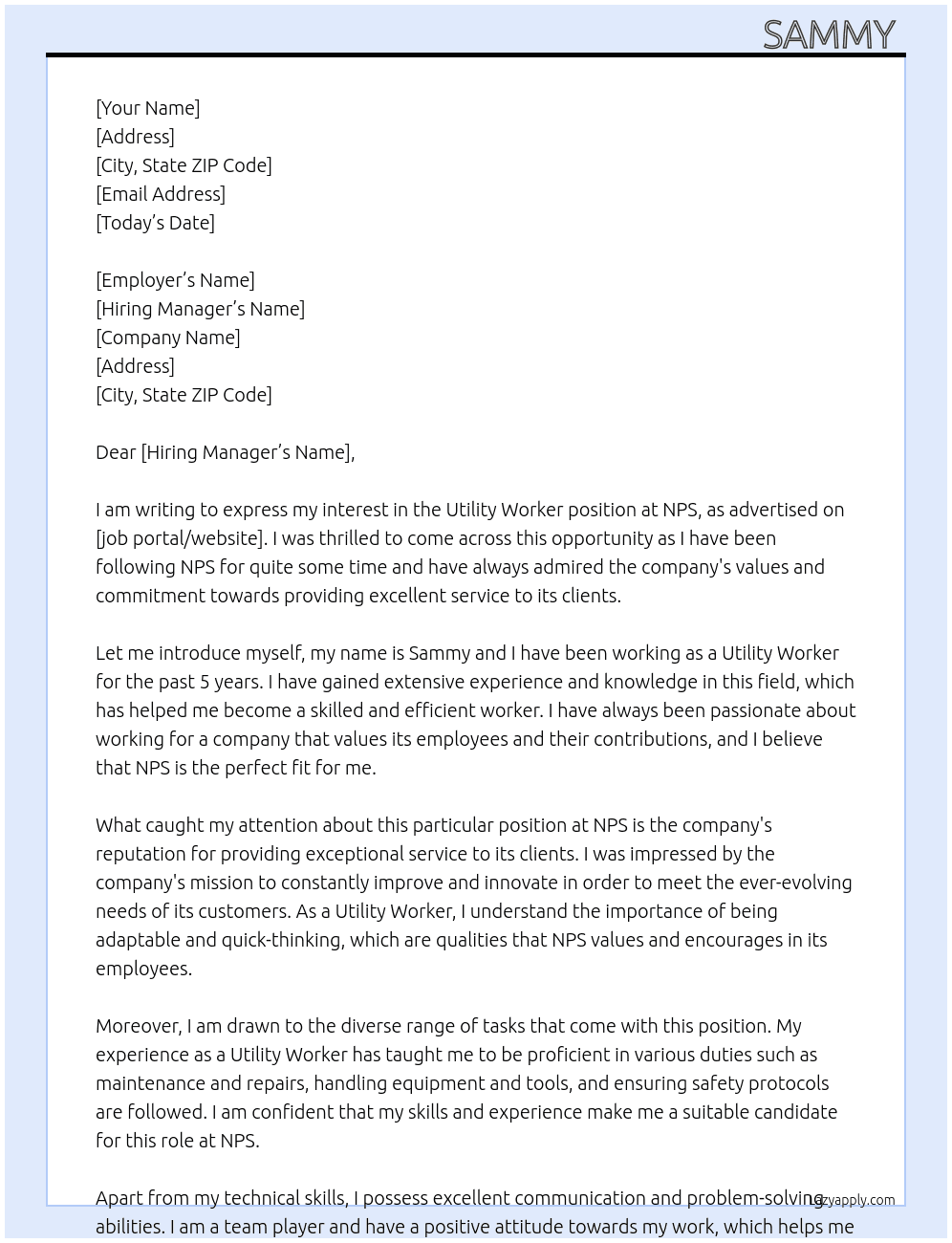 utility worker At nps Cover Letter