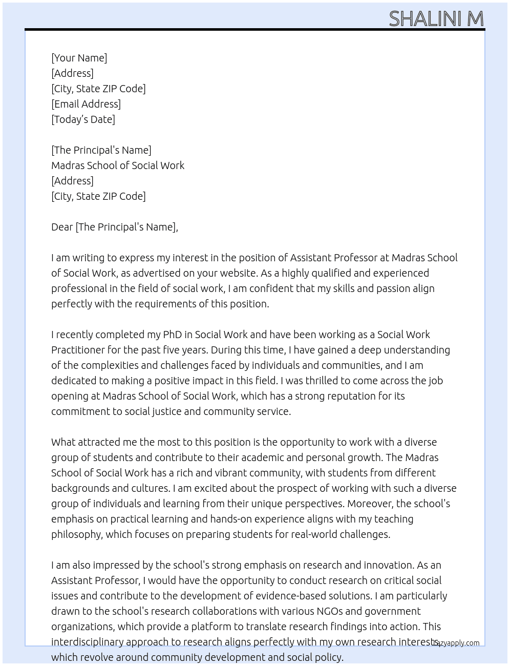 assistant professor At Madras school of Social Work Cover Letter