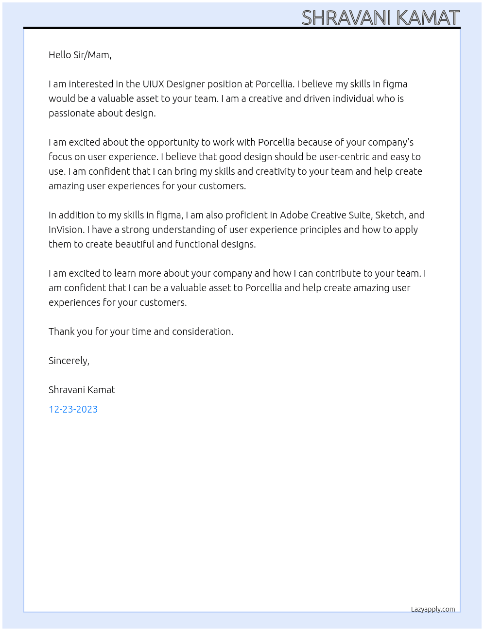 UIUX DESIGNER At Porcellia Cover Letter