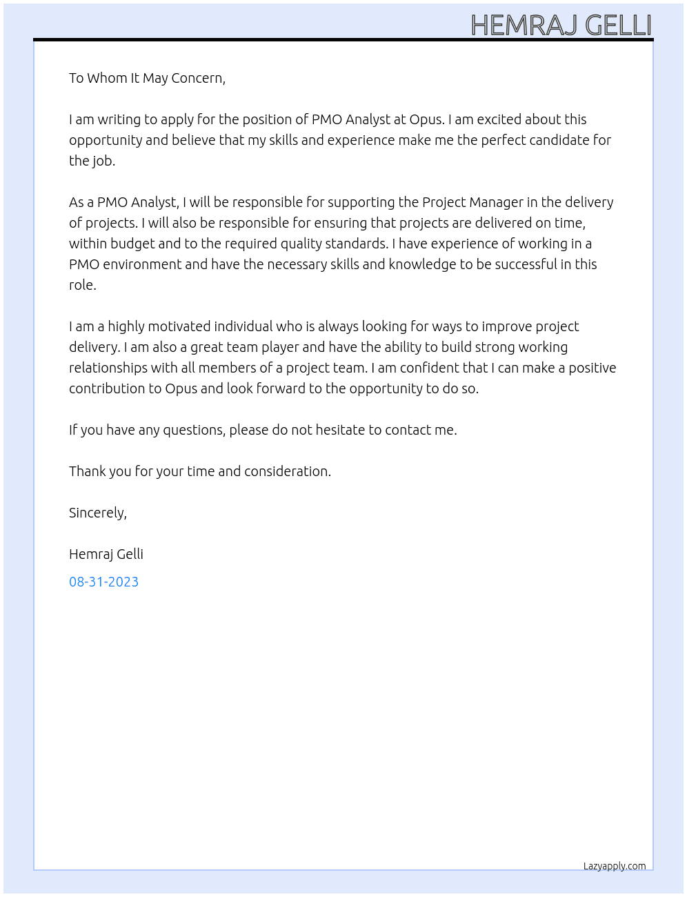 PMO ANALYST At Opus Cover Letter