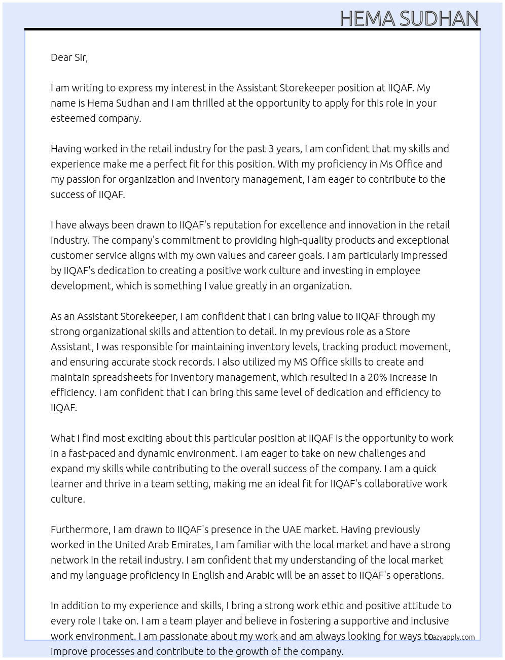 Assistant storekeeper  At IIQAF Cover Letter