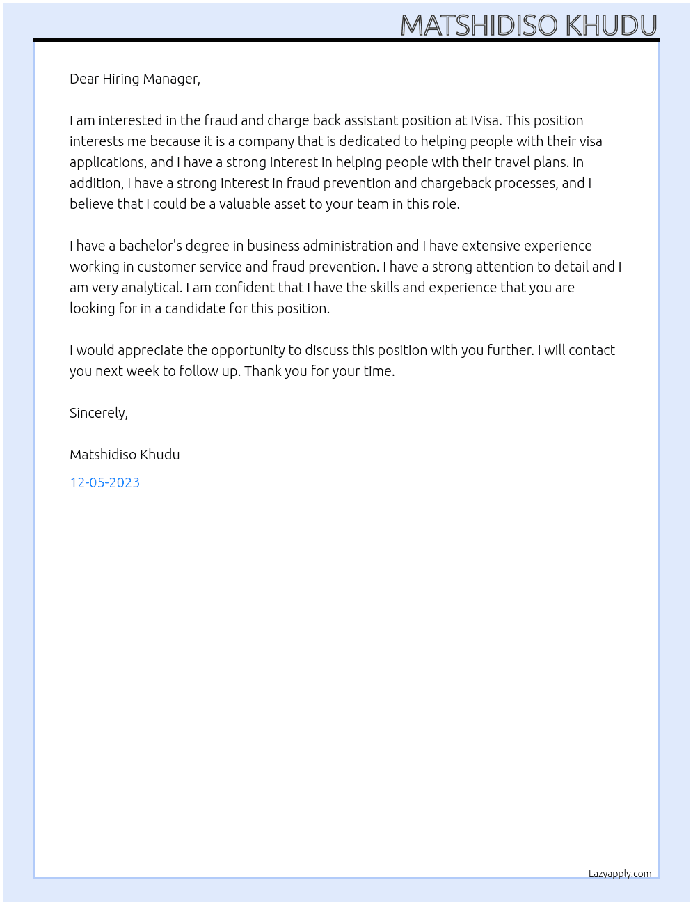 fraud and charge back assistant At IVisa Cover Letter