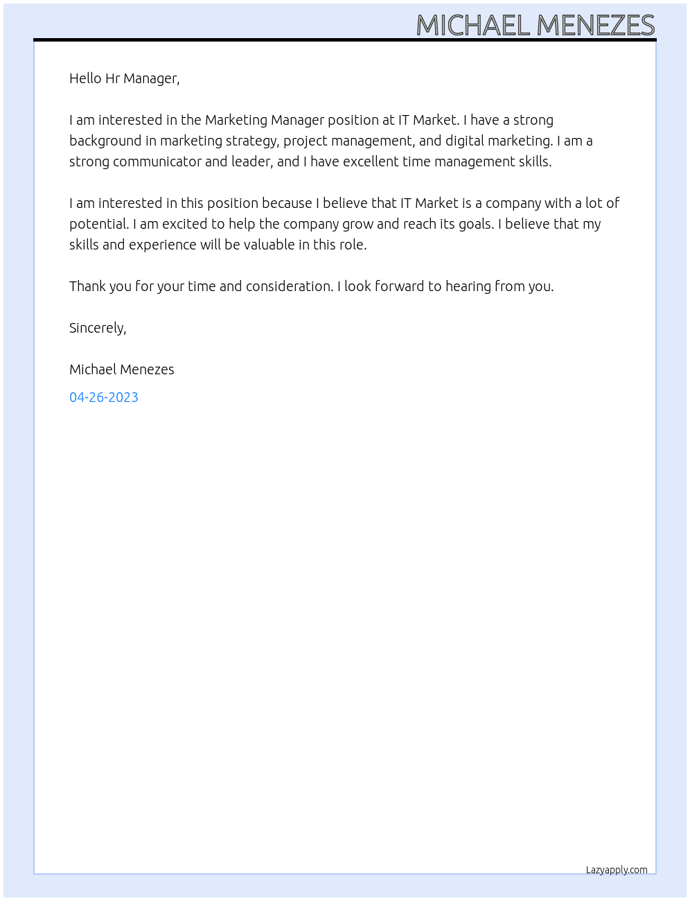 Marketing Manager At IT Market Cover Letter
