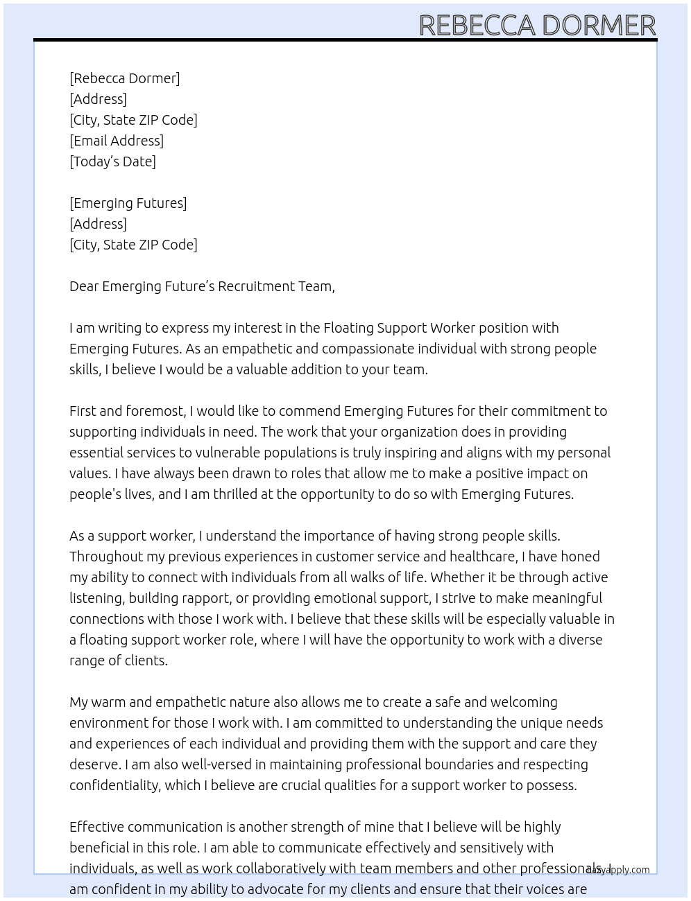 Floating Support Worker At Emerging Futures  Cover Letter