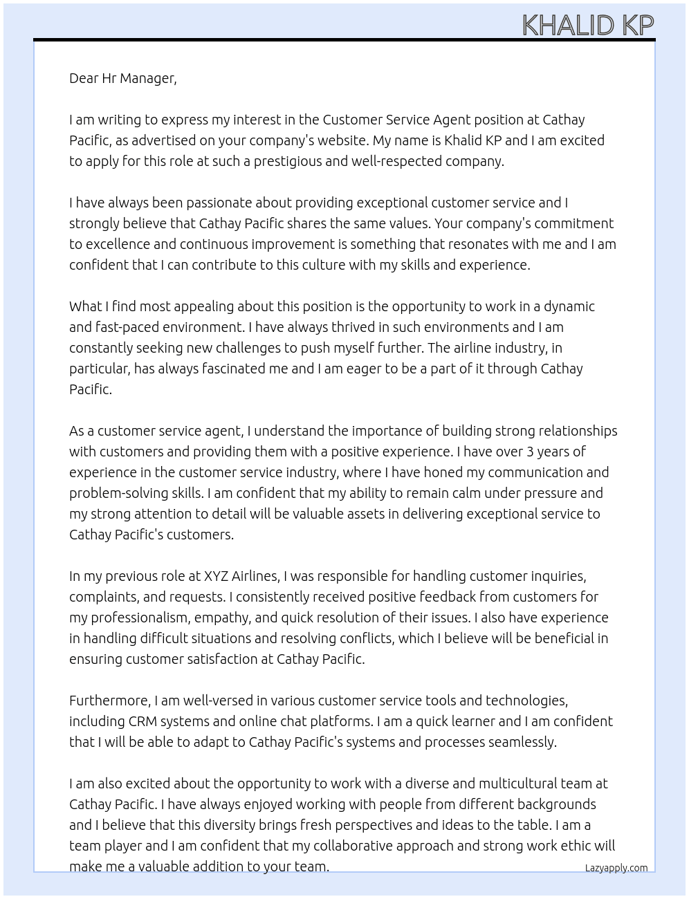 Customer service agent  At Cathay Pacific  Cover Letter
