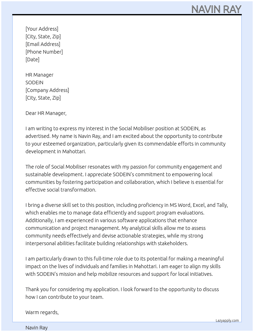 Cover letter for social mobiliser - LazyApply