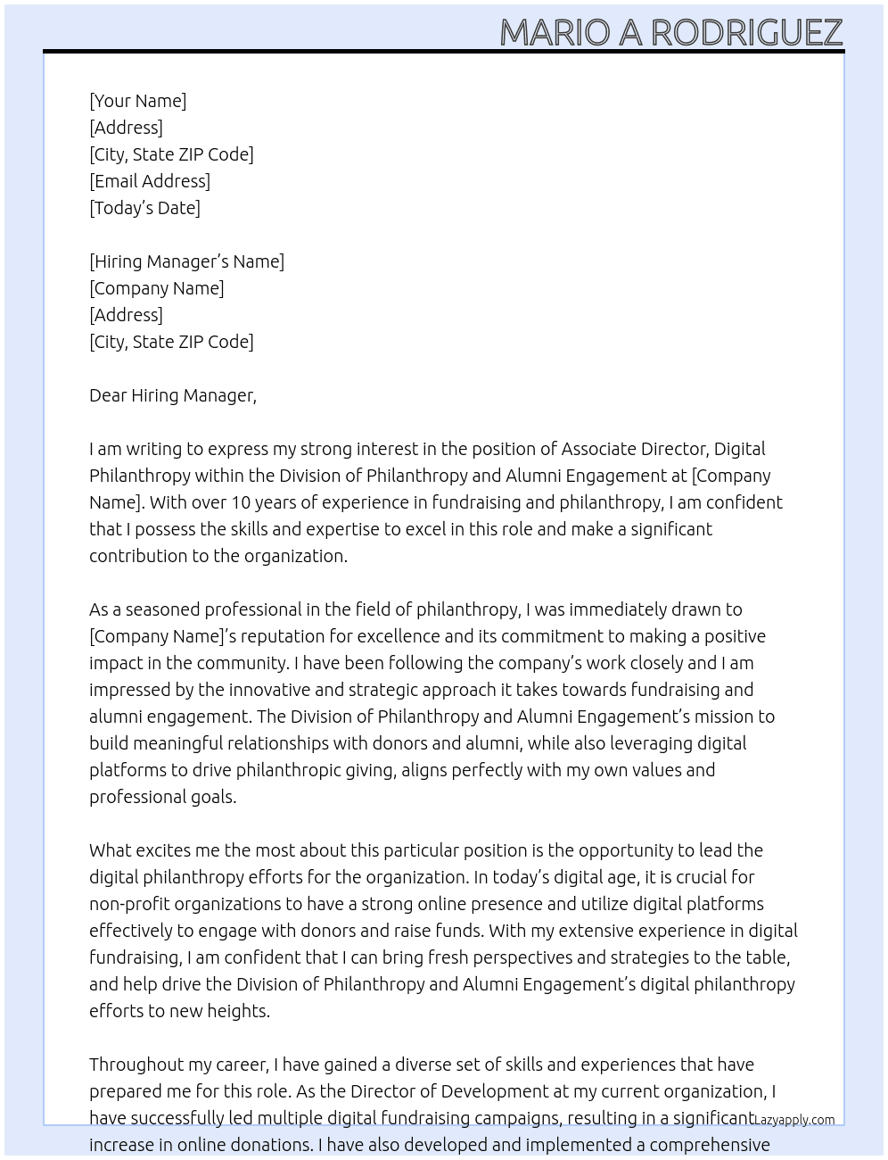 Associate Director, Digital Philanthropy, Division of Philanthropy and Alumni Engagement  At The Division of Philanthropy and Alumni Engagement Cover Letter