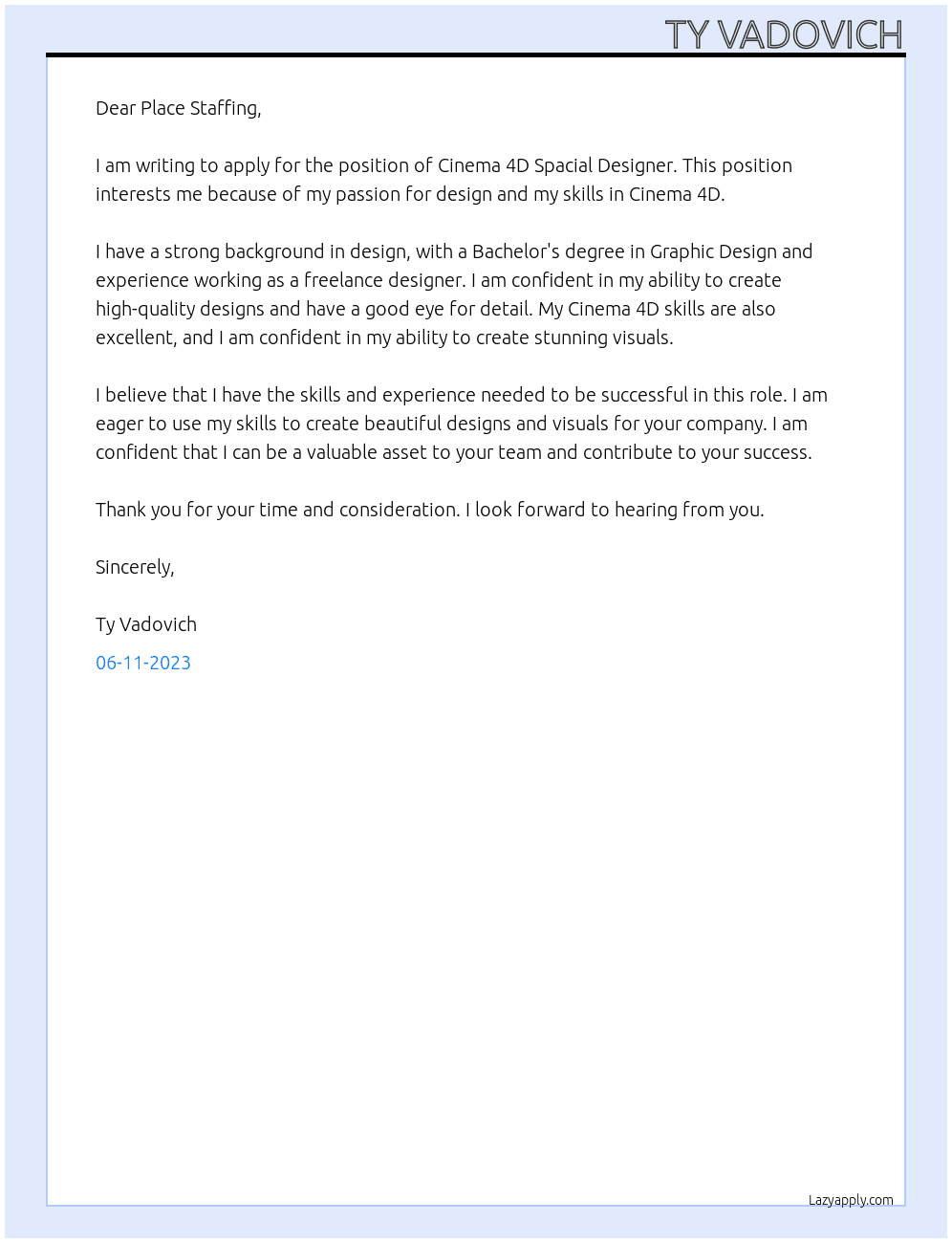 Cinema 4D Spacial Designer At Place Staffing Cover Letter