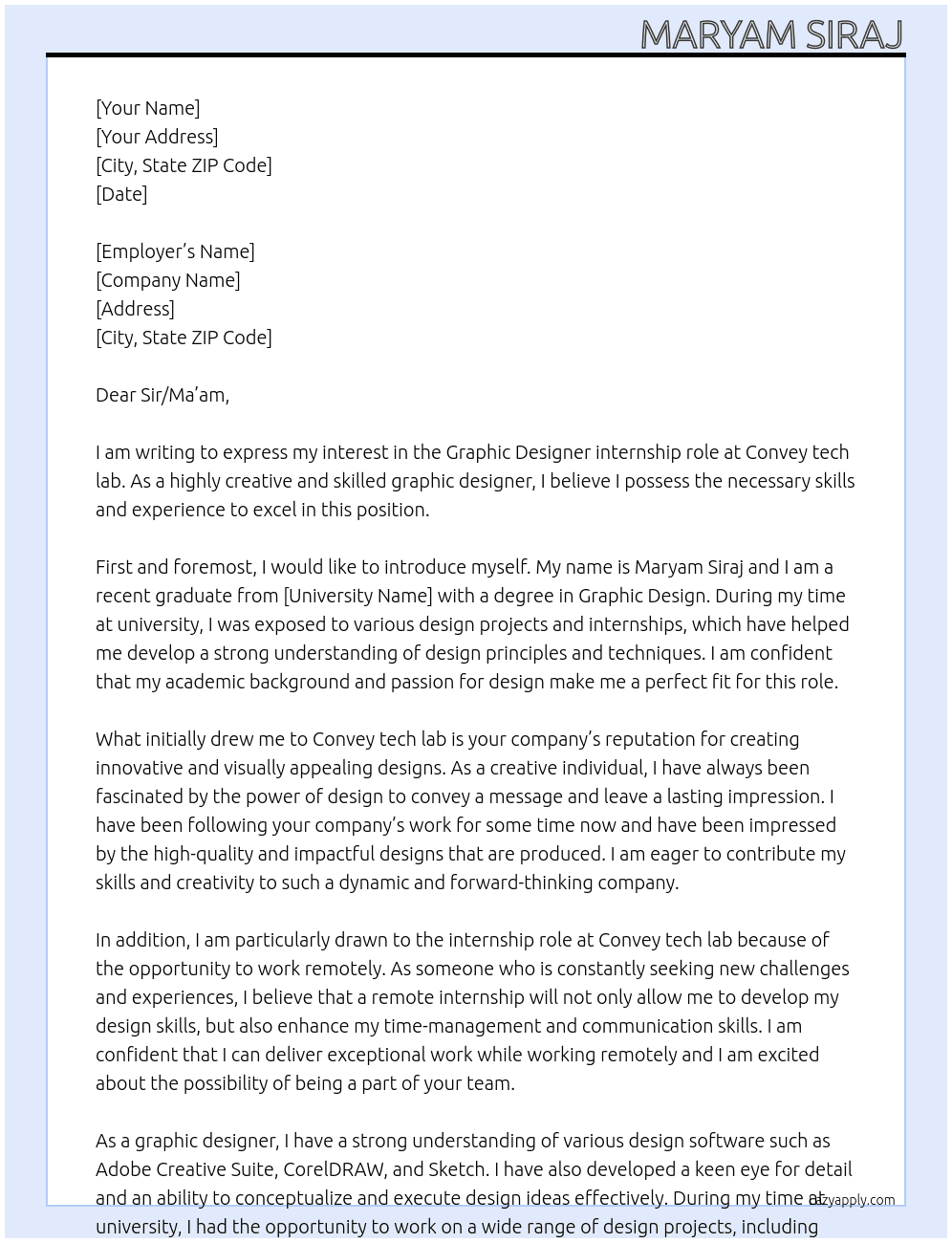 Graphic designer At Convey tech lab Cover Letter