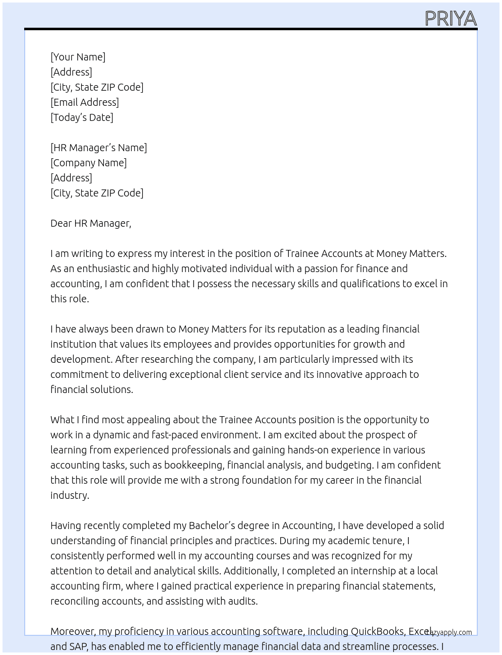 trainee accounts At money matters Cover Letter