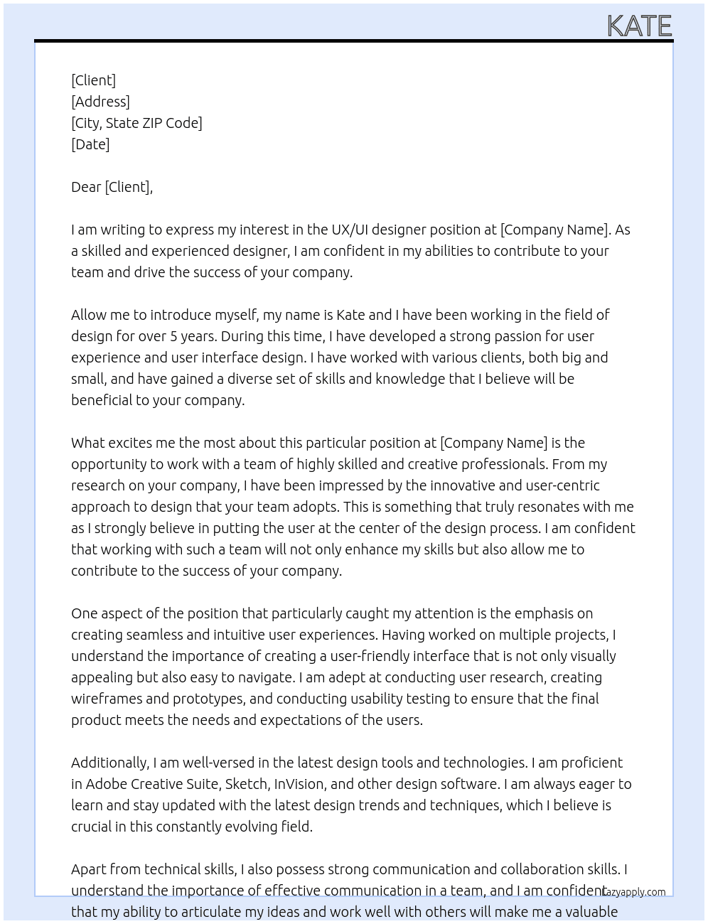 UX/UI designer At Client Cover Letter