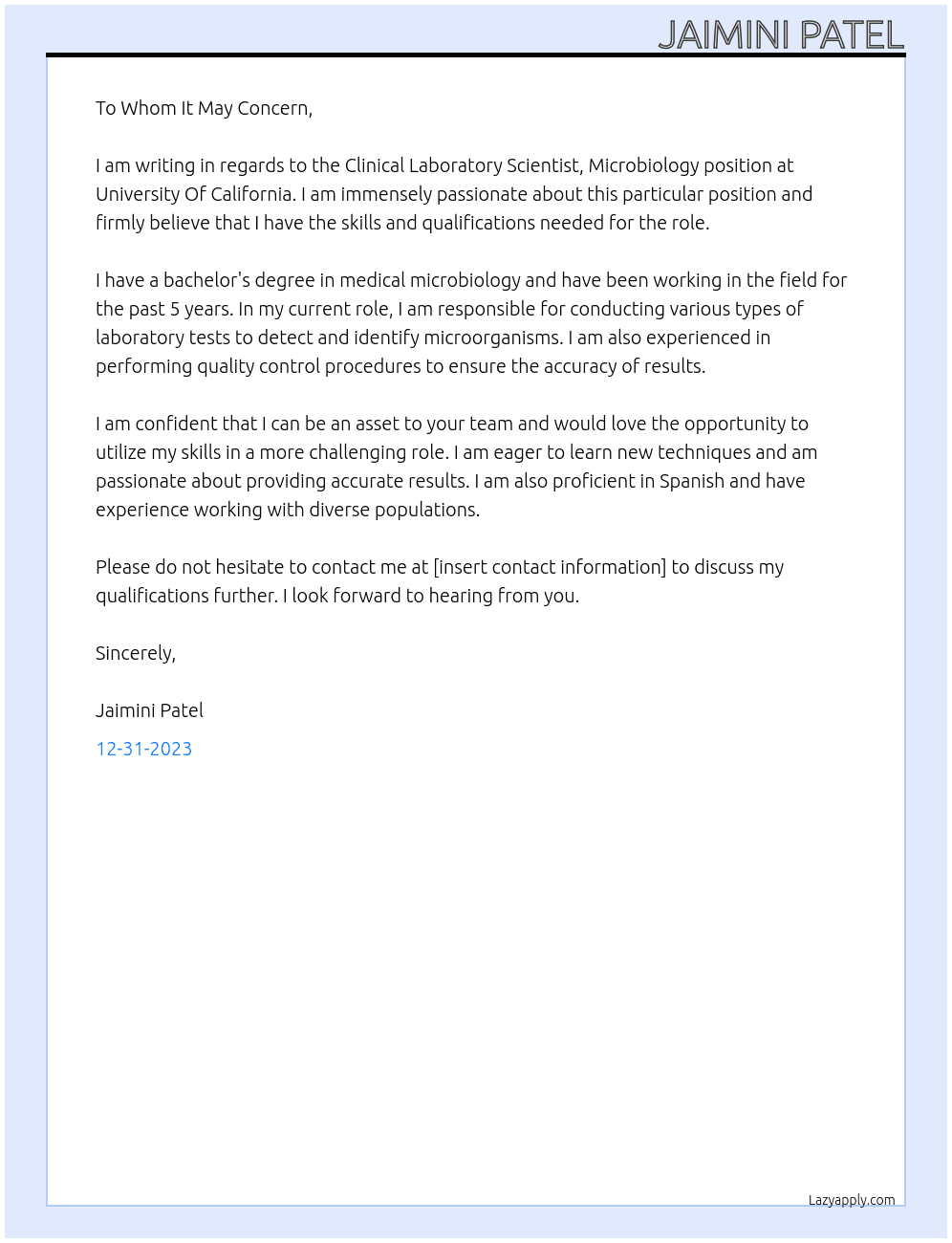 Clinical Laboratory Scientist, Microbiology At University Of California Cover Letter
