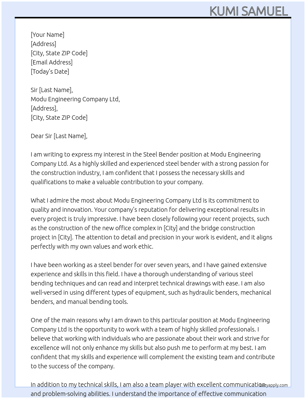 Steel Bender At Modu Engineering Company Ltd Cover Letter