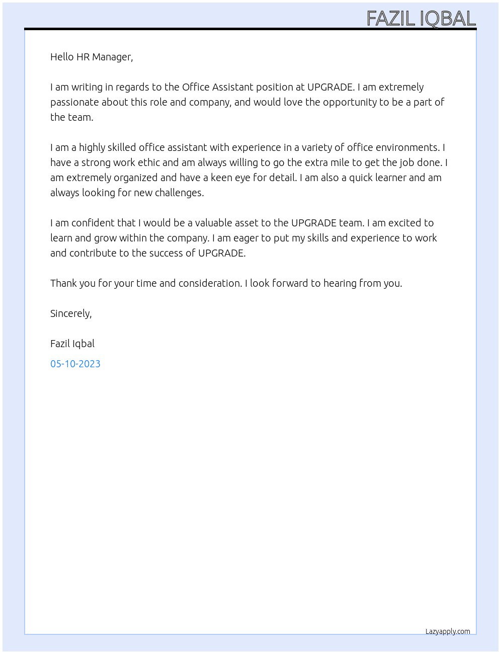 Office Assistant At UPGRADE  Cover Letter
