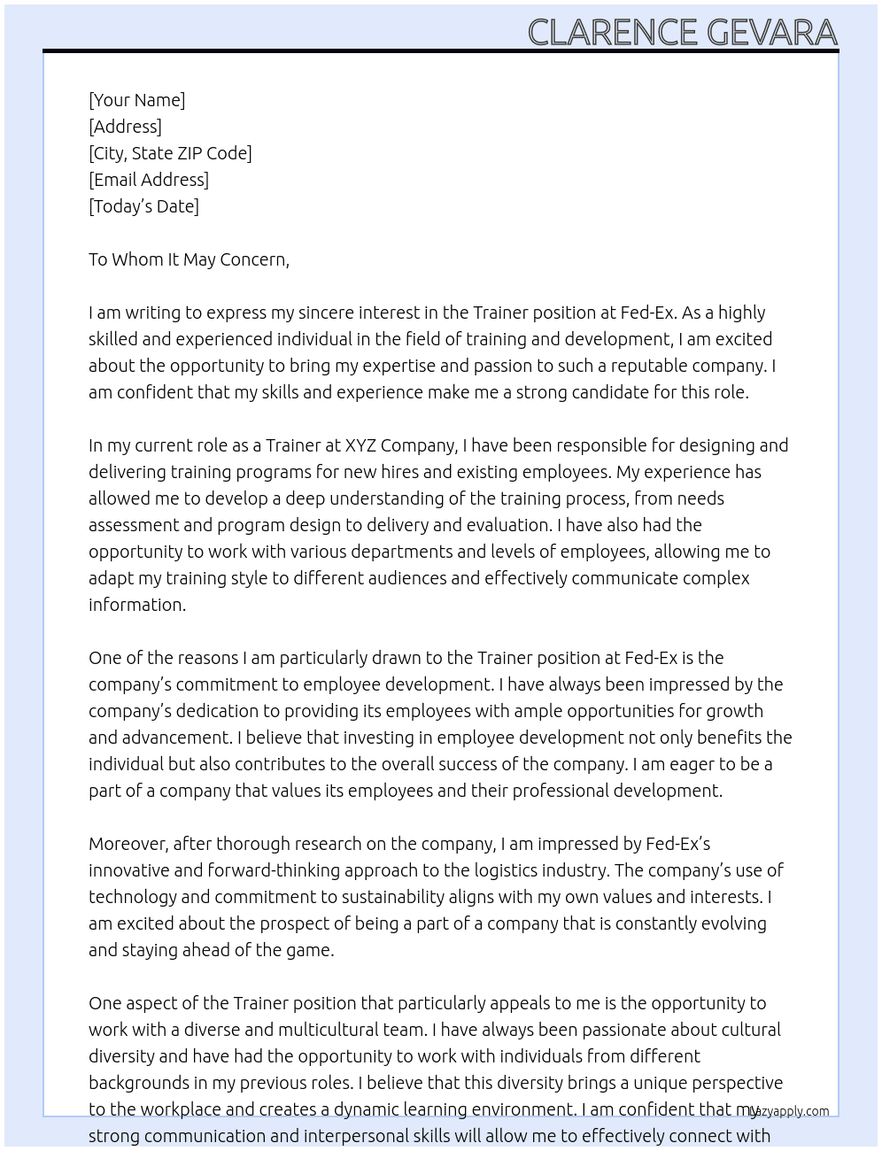Trainer At Fed-Ex Cover Letter