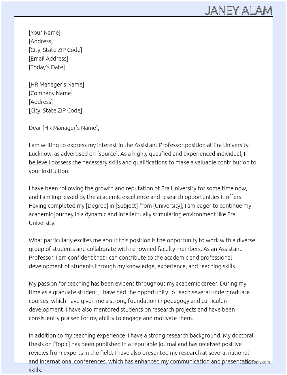 Assistant Professor At Era University, Lucknow Cover Letter