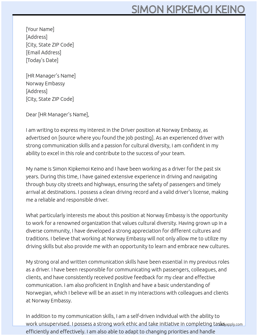 Driver At Norway Embassy Cover Letter