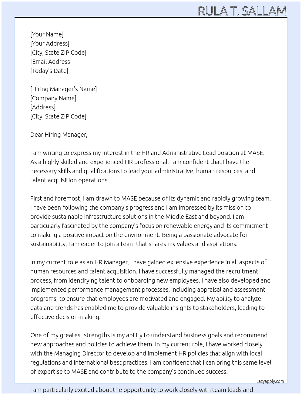 HR and Administrative Lead  At MASE Cover Letter