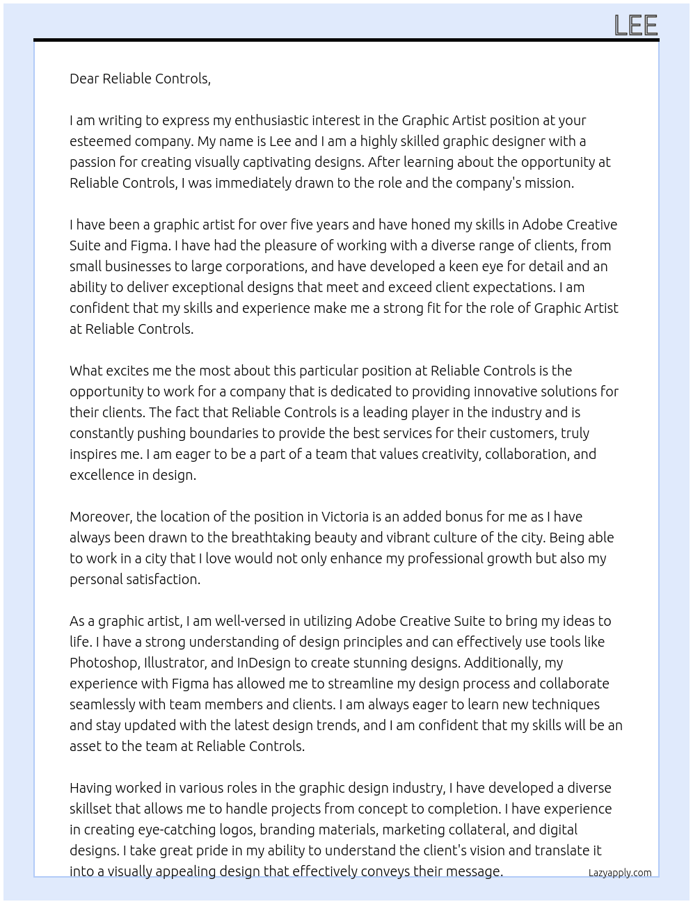 Graphic Artist At Reliable Controls Cover Letter