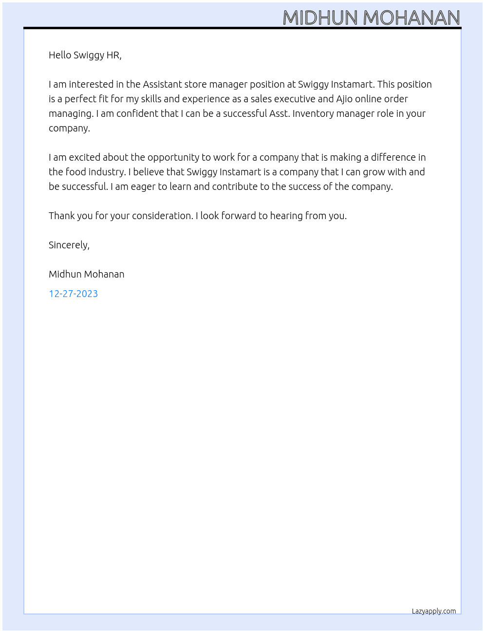 Assistant store manager  At Swiggy instamart Cover Letter