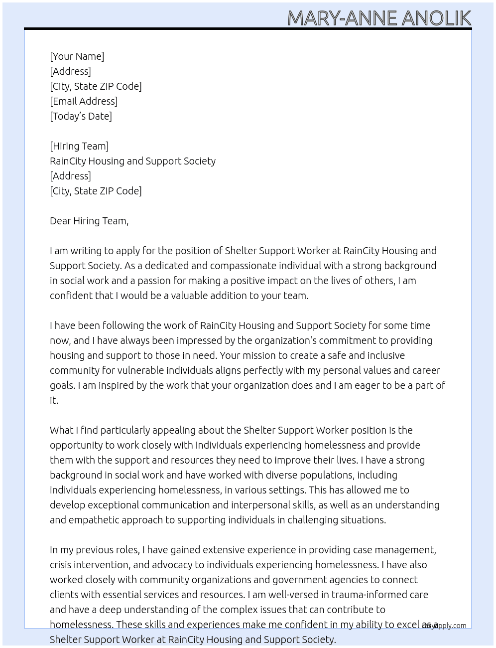 Shelter Support Worker At RainCity Housing and Support Ssociety Cover Letter