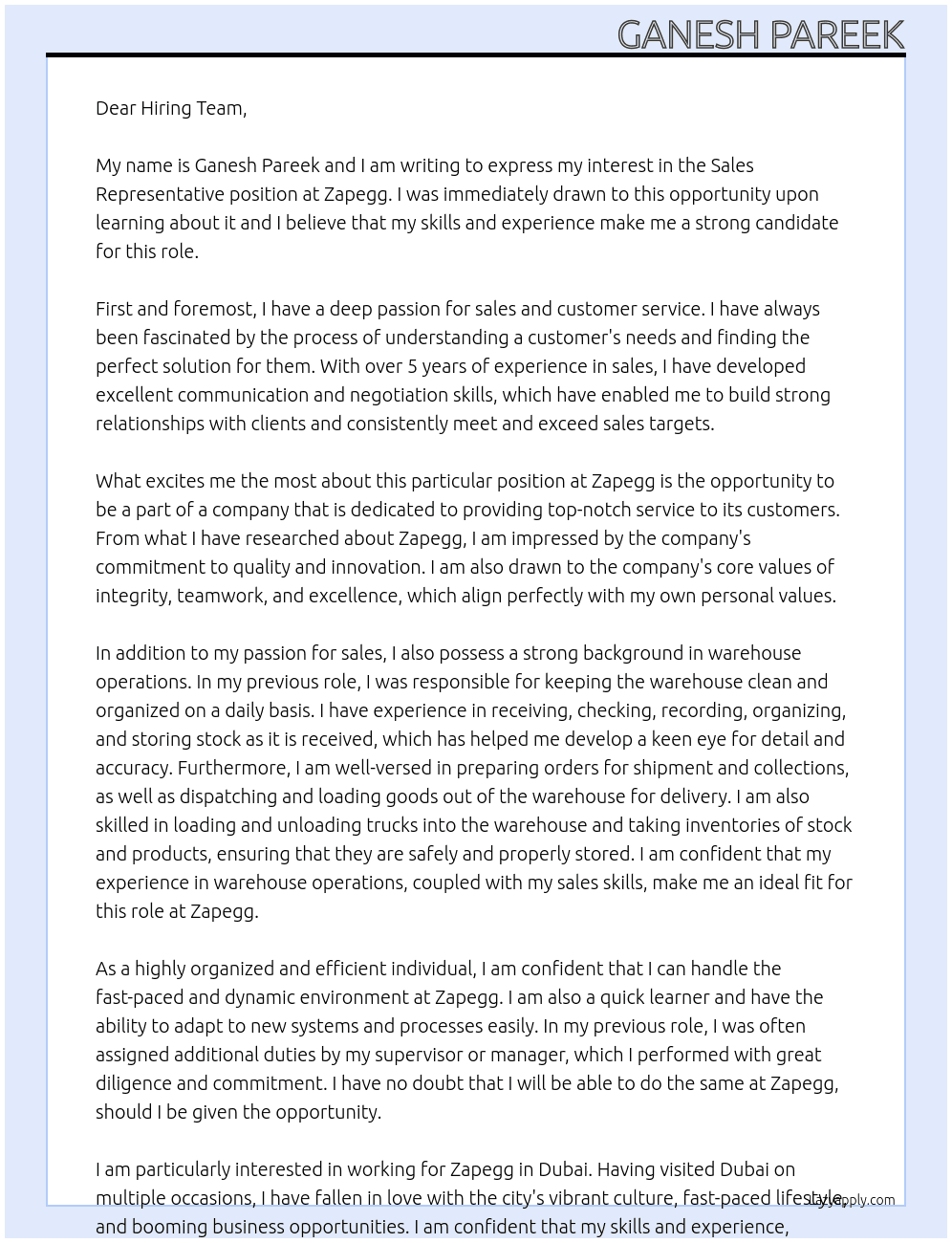 Sales Representative At Zapegg Cover Letter