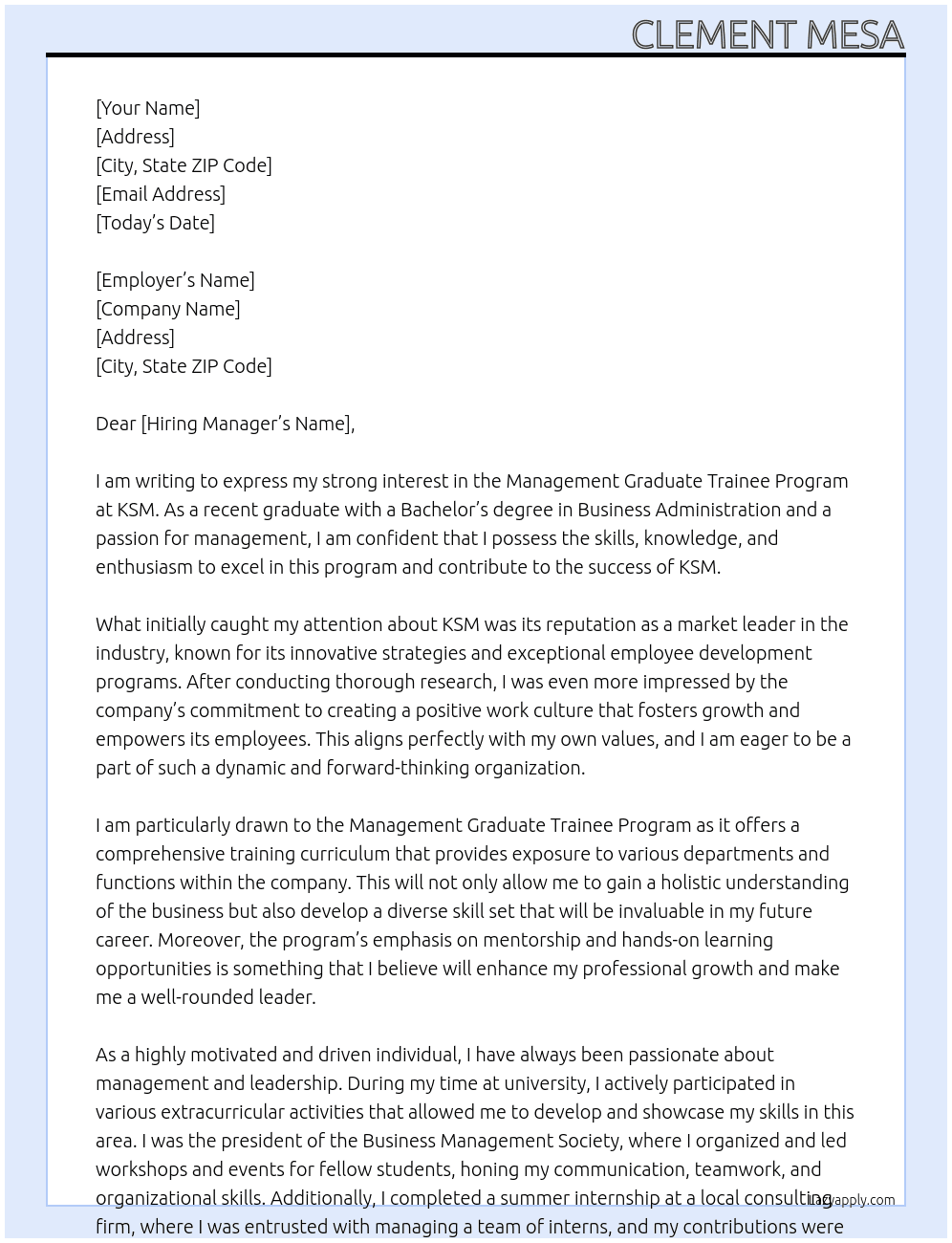 Management Graduate Trainee Program  At KSM Cover Letter