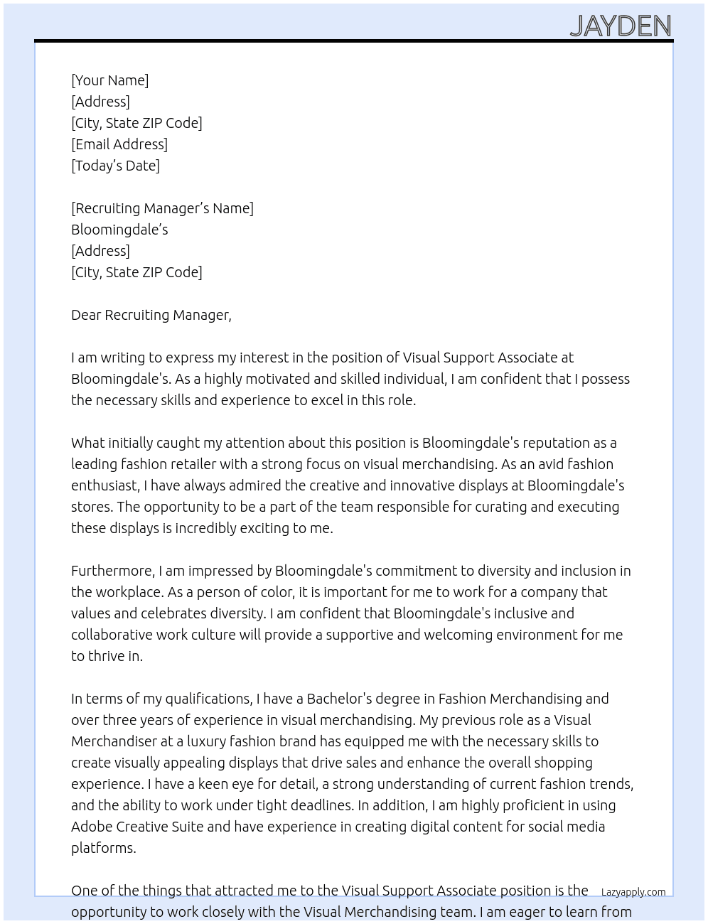Visual Support Associate At Bloomingdale's Cover Letter