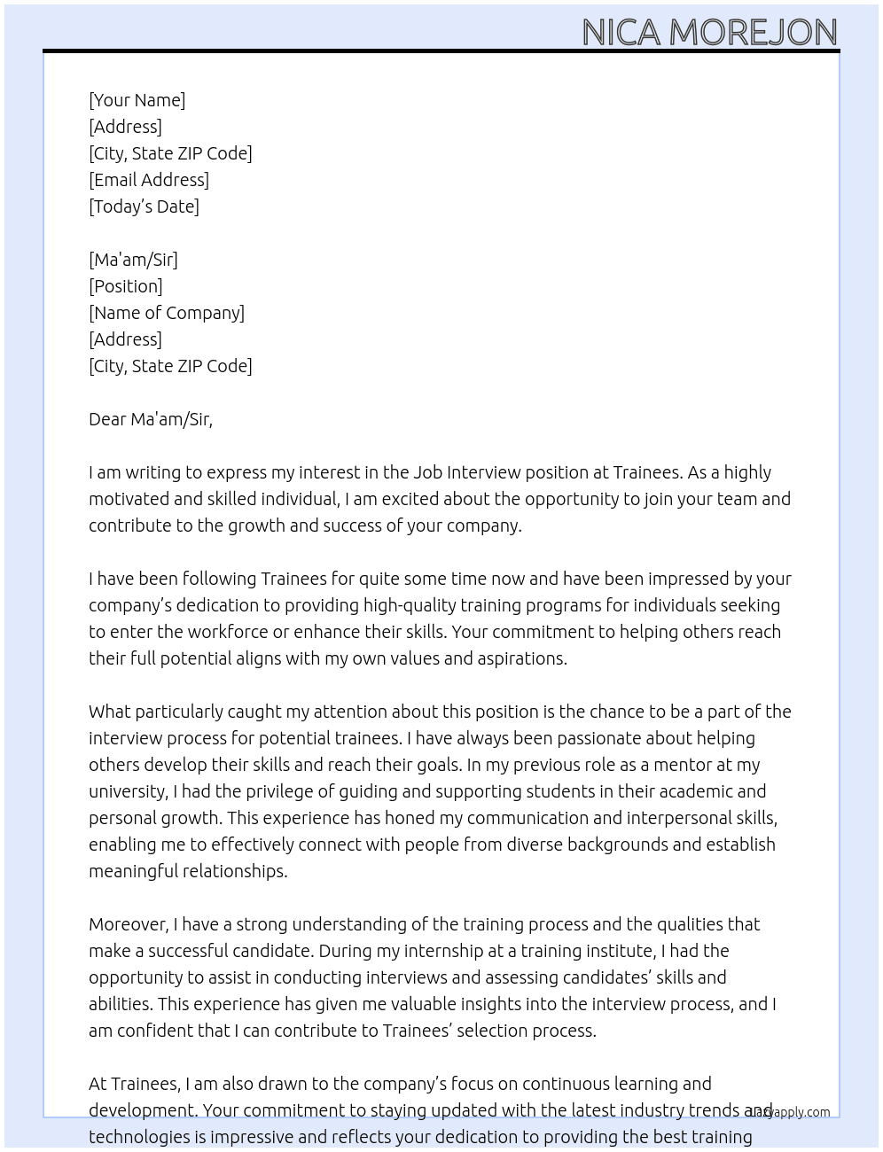 Job Interview  At Trainees  Cover Letter