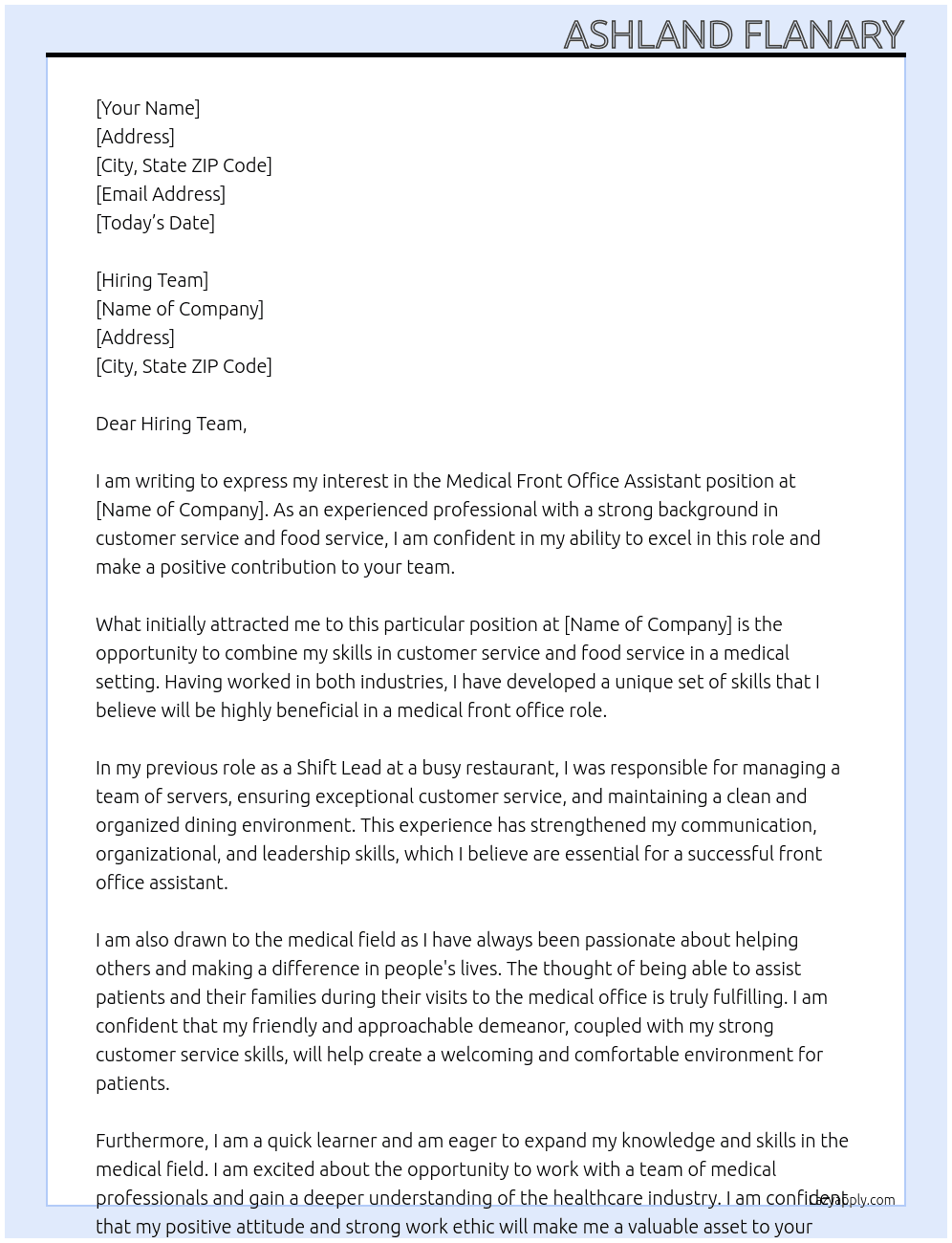medical front office assistanr At medical office Cover Letter