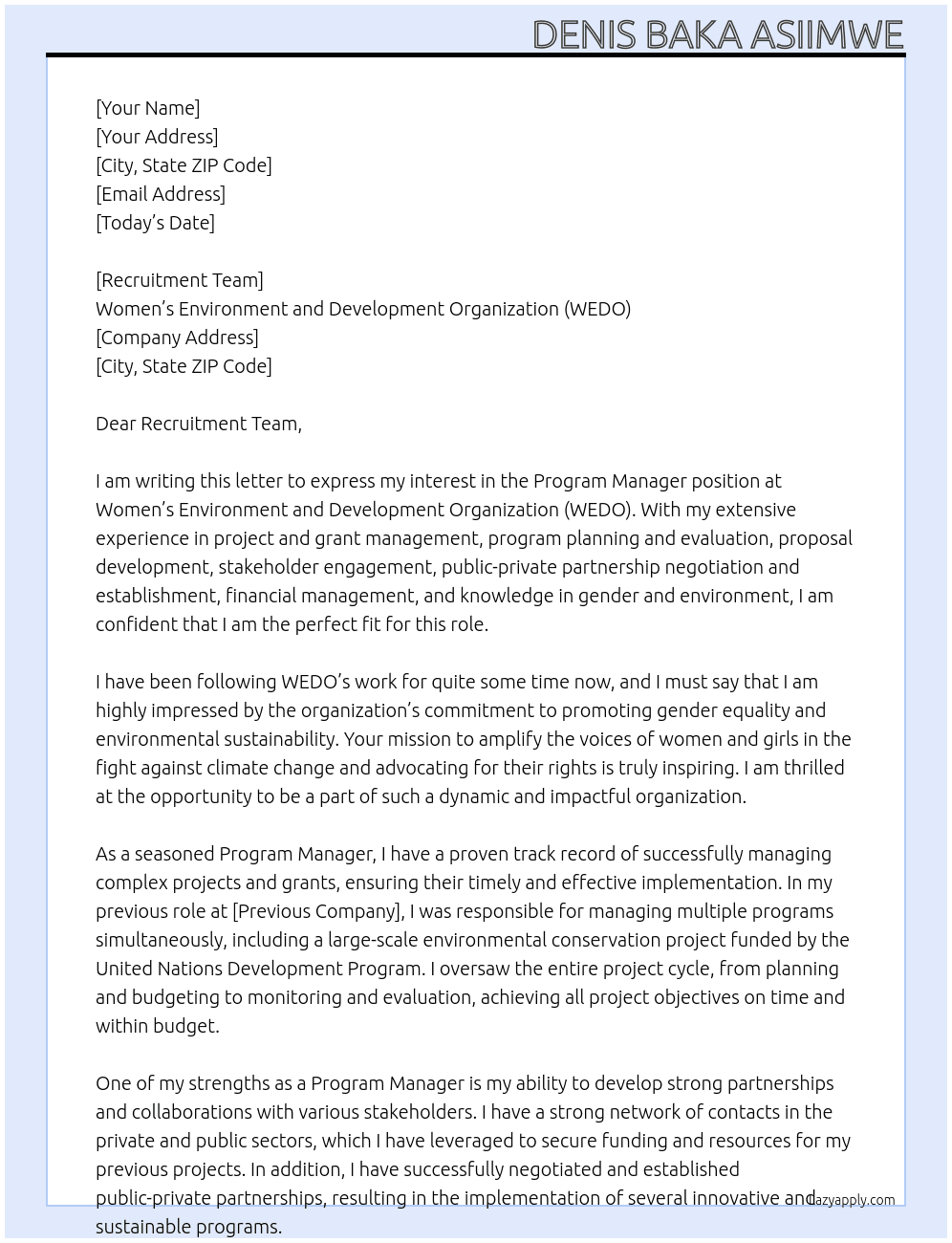 Program Manager  At Women’s Environment and Development Organization (WEDO) Cover Letter