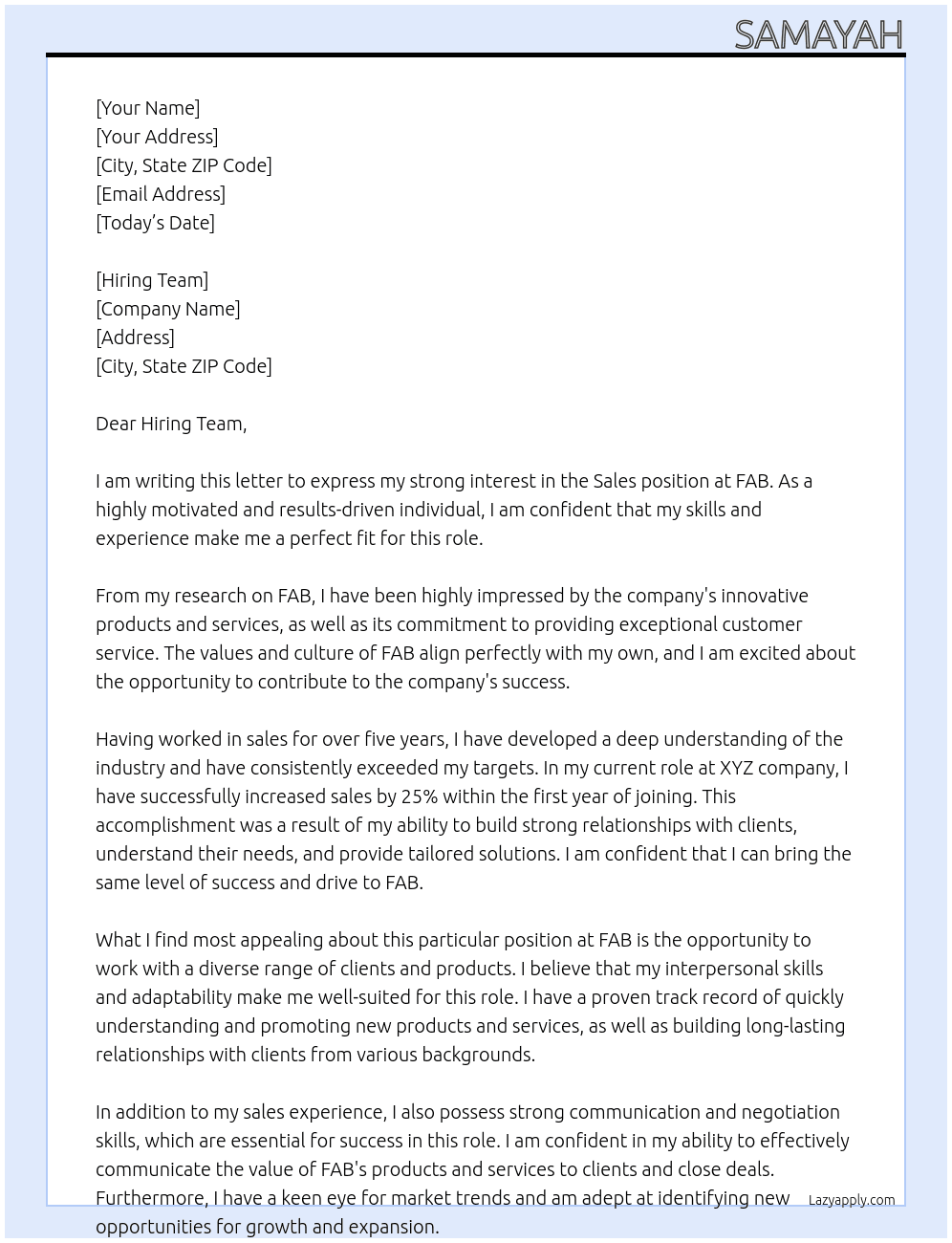 Sales At FAB Cover Letter