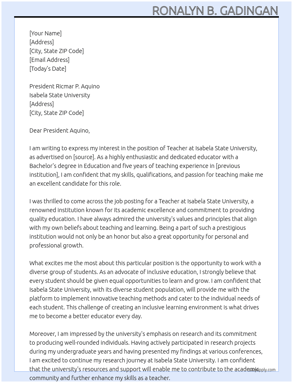 Teacher At Isabela State University Cover Letter