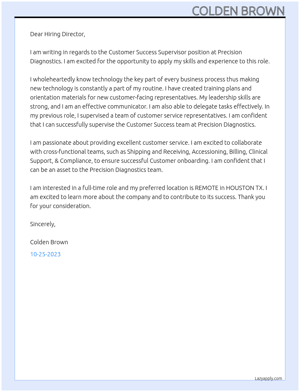  Customer Success Supervisor At Precision Diagnostics Cover Letter