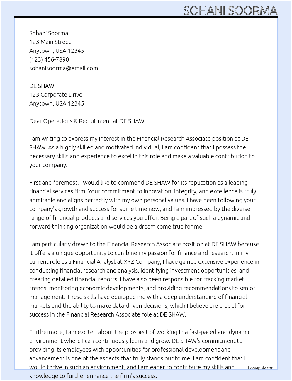 Financial Research Associate At DE SHAW Cover Letter