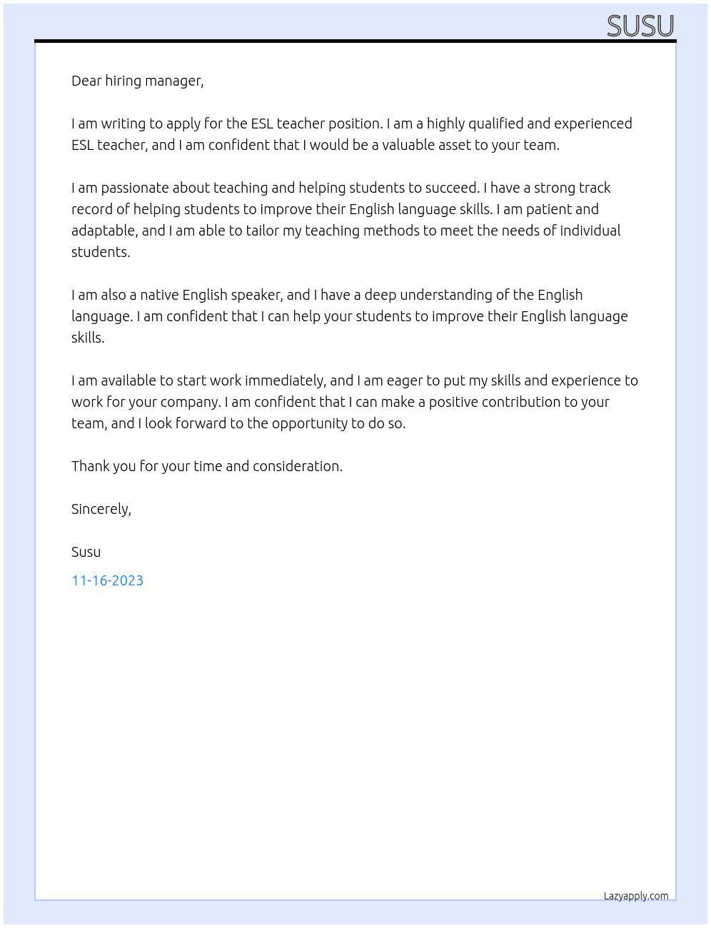 ESL teacer At ESL teacher position Cover Letter